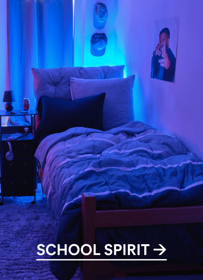 boy dark blue dorm room
