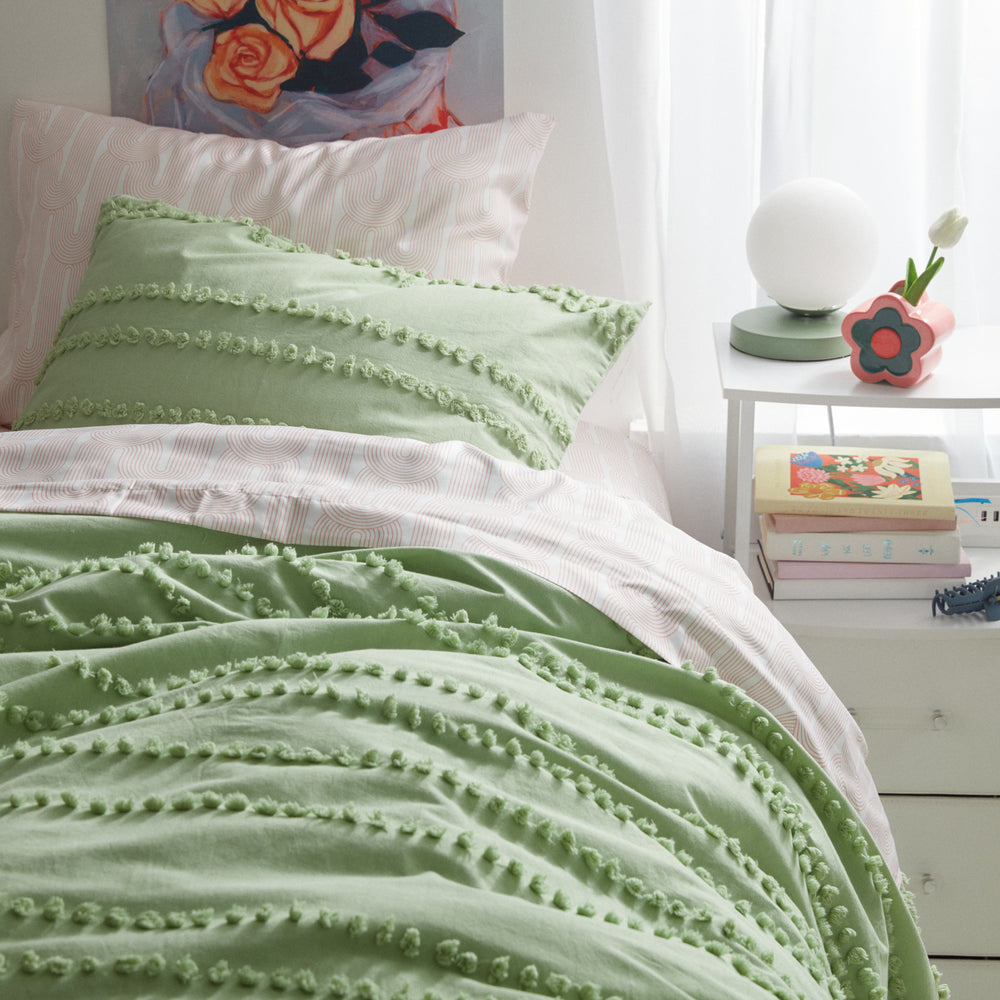 Dormify Pom Pom Stripe Comforter and Sham set Dorm Essentials Sage