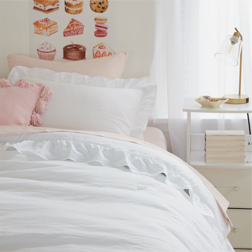 Charlotte Ruffle Edge Comforter and Sham Set Dorm Essentials White
