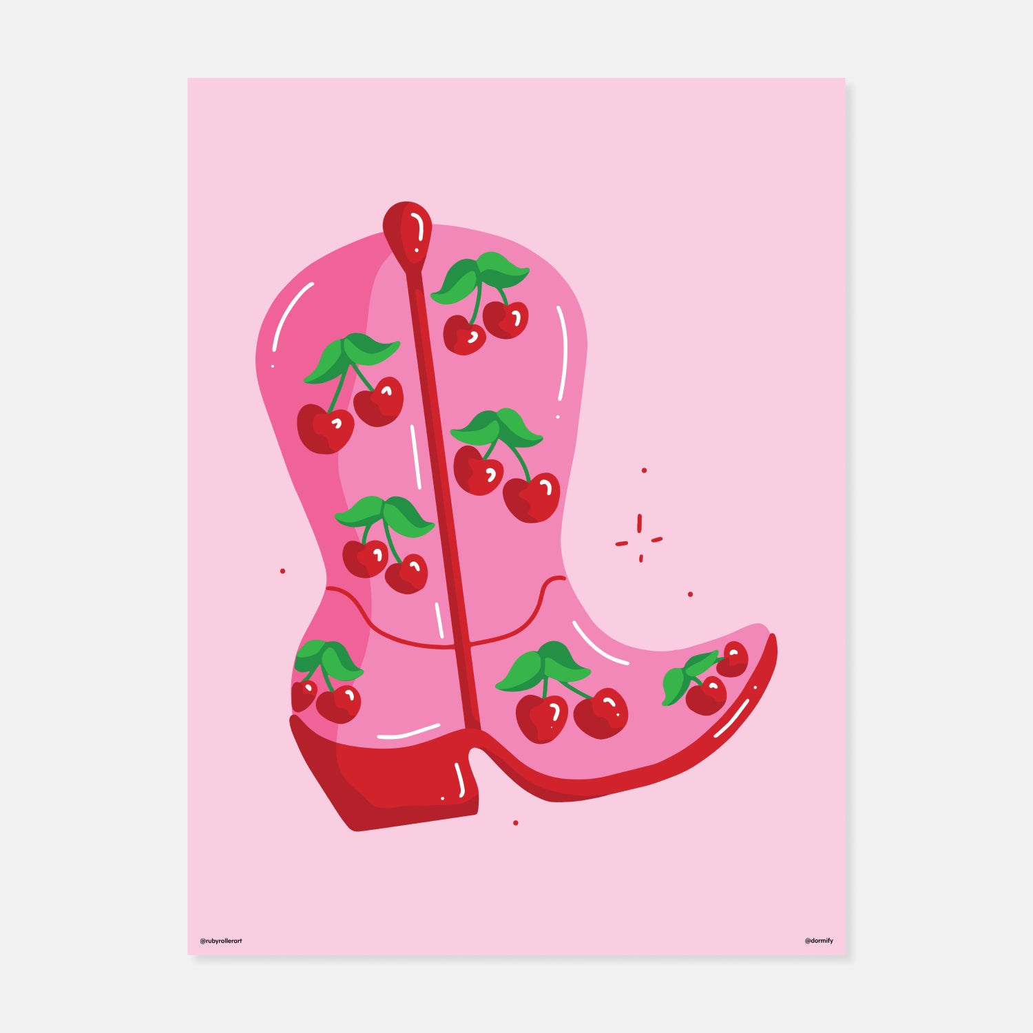 Cherry Cowboy Boot Print by Ruby Roller Art | Dorm Essentials - Dormify
