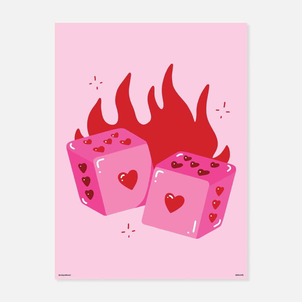 Flaming Heart Dice Print by Ruby Roller Art | Dorm Essentials – Dormify