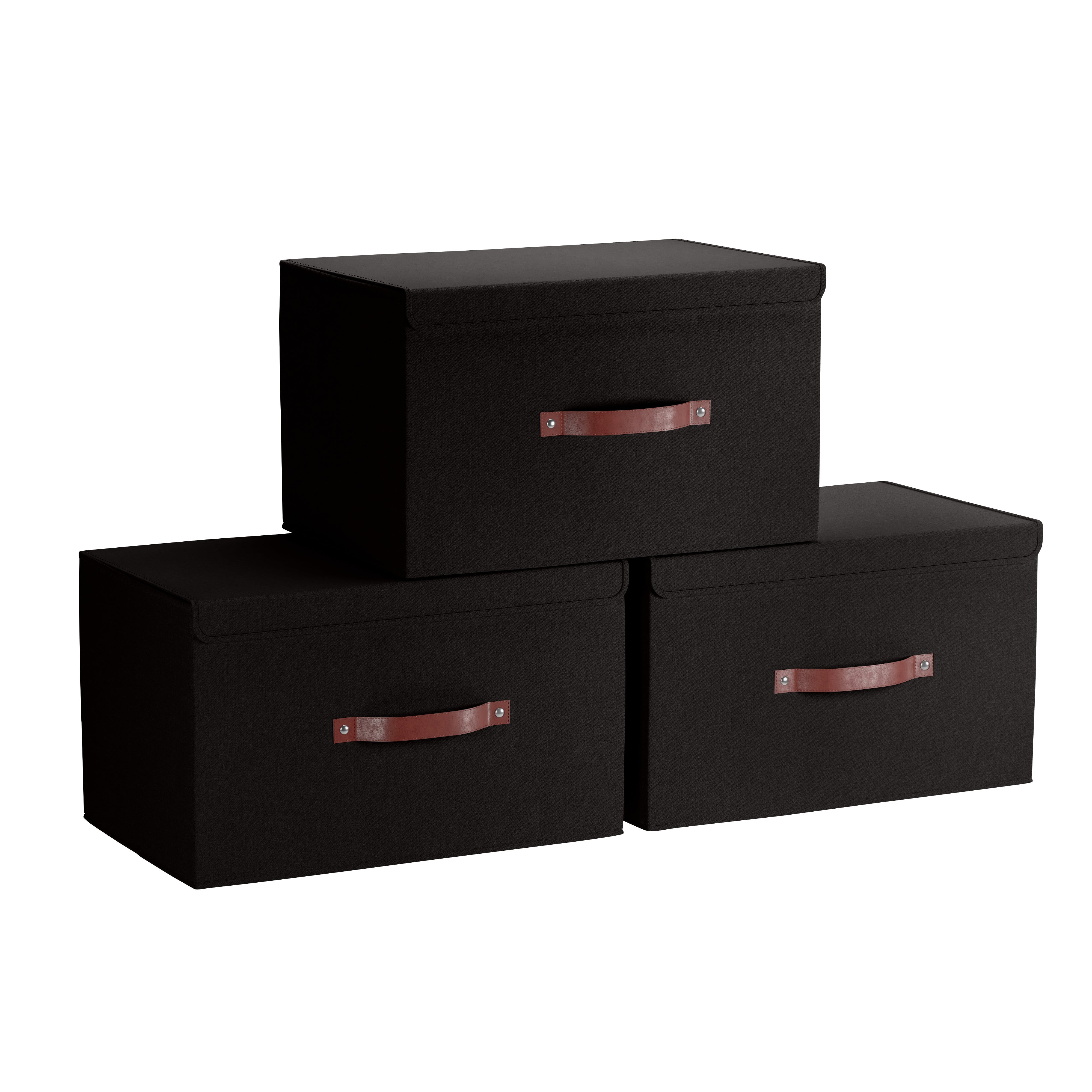 Set of 3 Foldable Linen Storage Bin With Leather Handles Black / 15