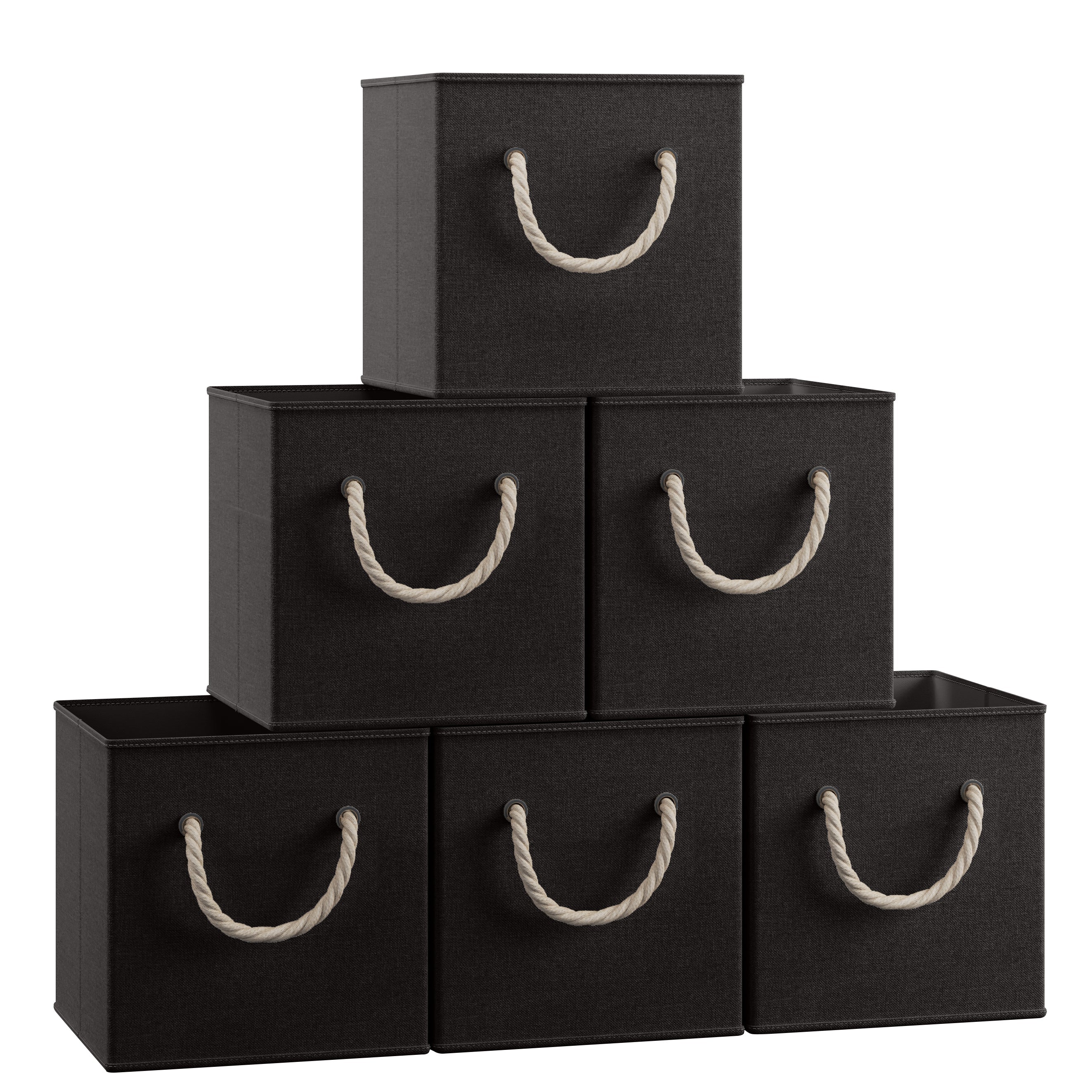 Set of 6 Foldable Linen Storage Bin With Rope Handles Black Dormify