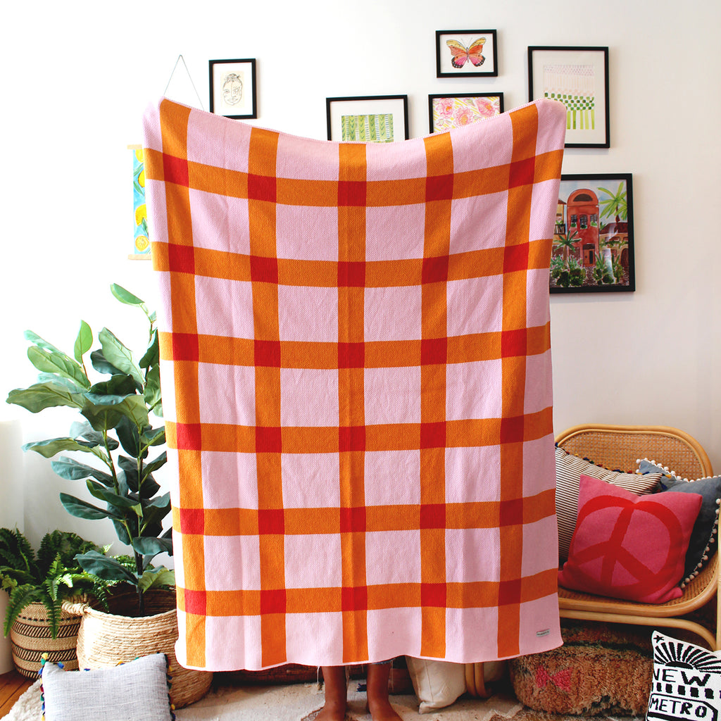 Strawberry Shortcake Gingham Throw Blanket Dorm Essentials Pink
