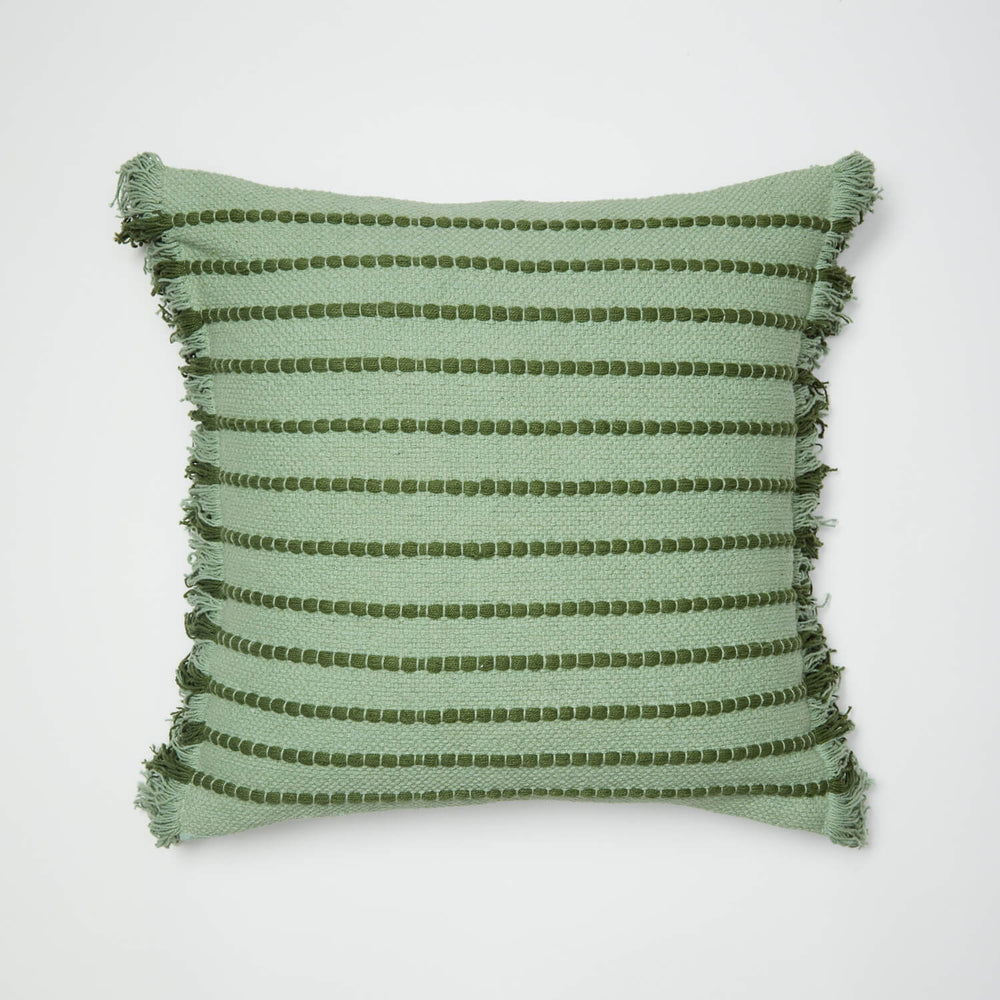 Phoebe Embroidered Stripe with Side Fringe Square Pillow Cover Sage