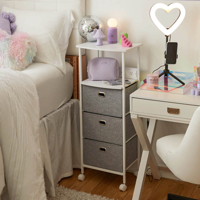 Sutton Charging 3Drawer Cart on Wheels Dorm Essentials White/Grey